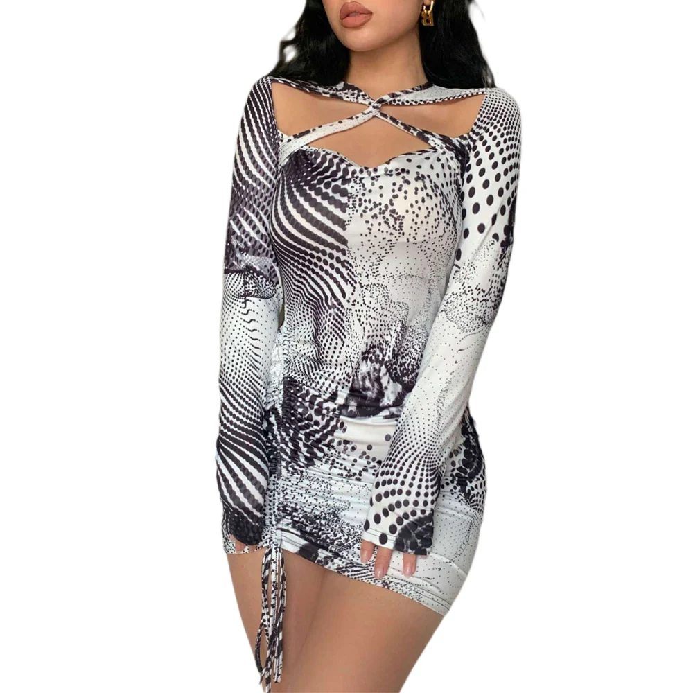 Women Bodycon Dress, Long Sleeve Dots Print Hollowed Drawstring Dress