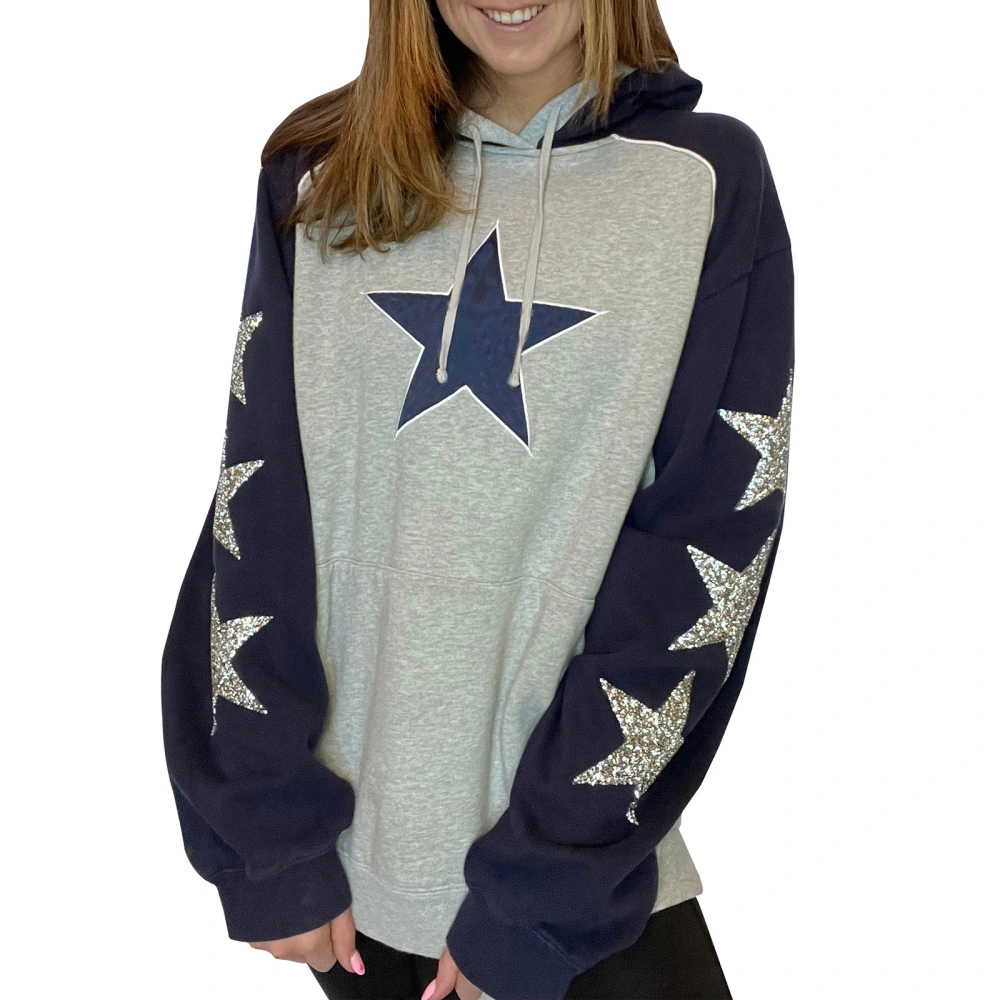 Women Loose Long Sleeve Hooded Neck Sequined Star Casual Fall Tops