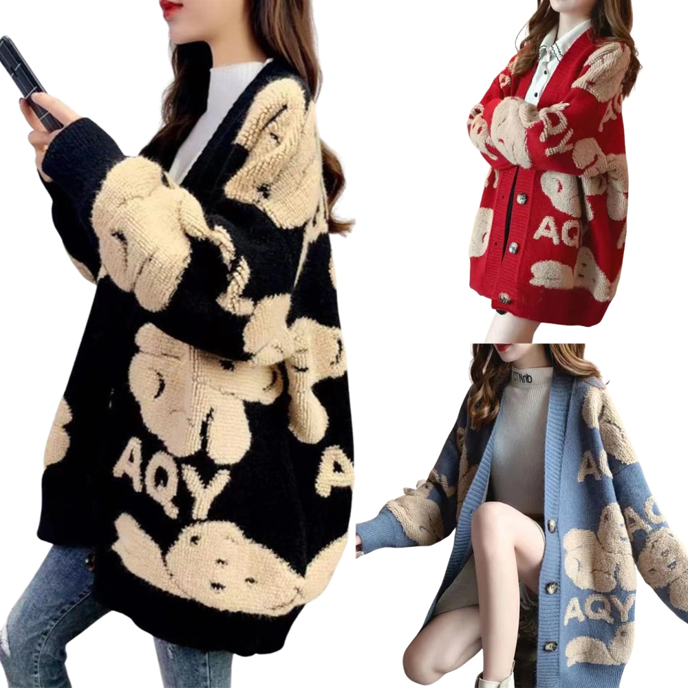 Women Button Down Sweater, Long Sleeve Bear Pattern Knit Cardigan