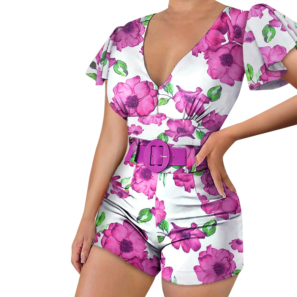 Women Playsuit, Floral Printed Pattern V-neck Short Sleeve One-piece