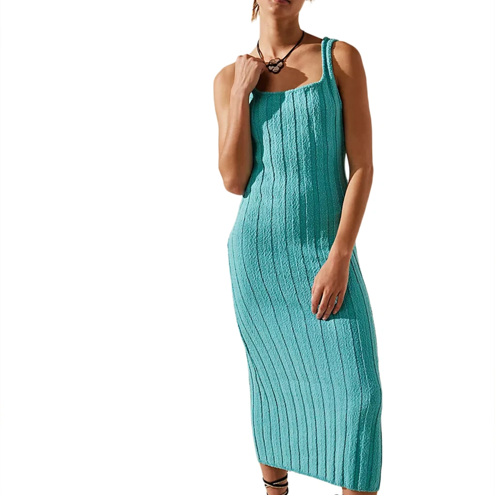 Women's Ribbed Knit Midi Dress Sleeveless Solid Color Long Dress 