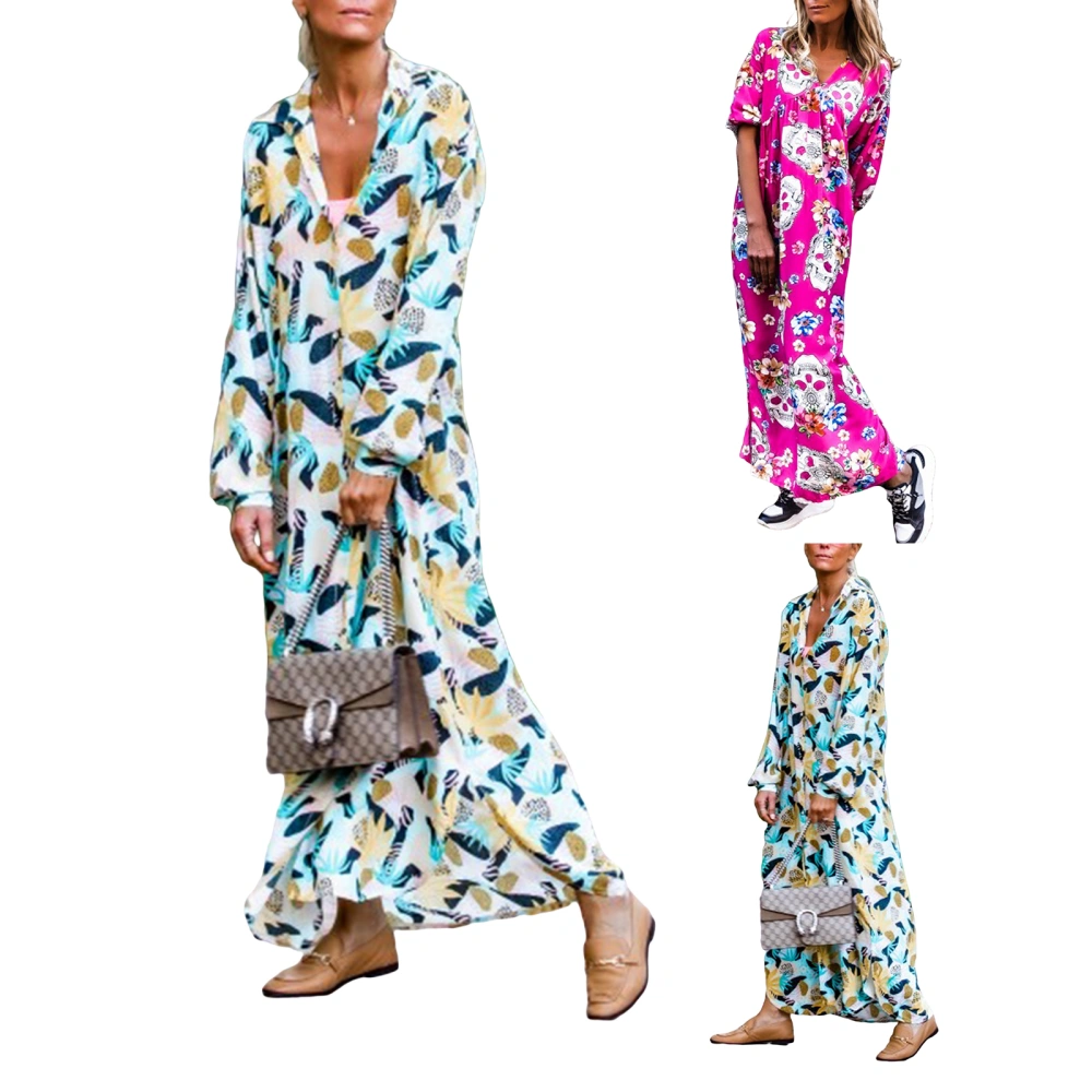 Women Beach Maxi Dress, Loose Printed Long Sleeve V-neck One-piece