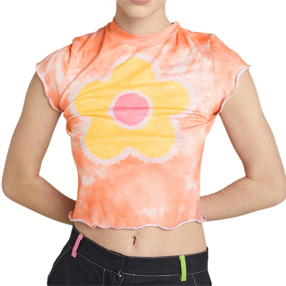 Women Floral Crop Tops, Short Sleeve Crew Neck Tie Dye T-Shirts