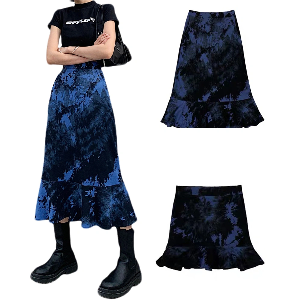 Women Fashion Tie-dye Skirt Ladies Female Stylish Ruffle Hem Skirt