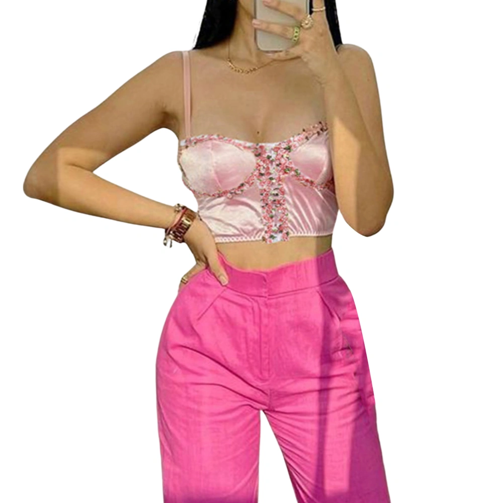 Women Crop Vest No Sleeve V Neck Tops Wrapped Cropped Tops, Pink