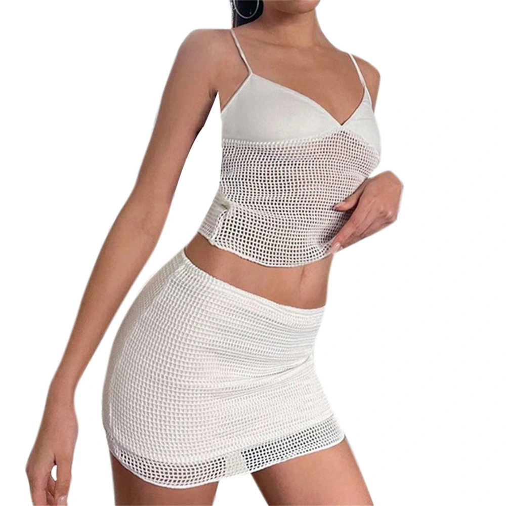 Women Crop Tops Mesh Half Dress Suit V Neck Cropped Shirt Skirt 