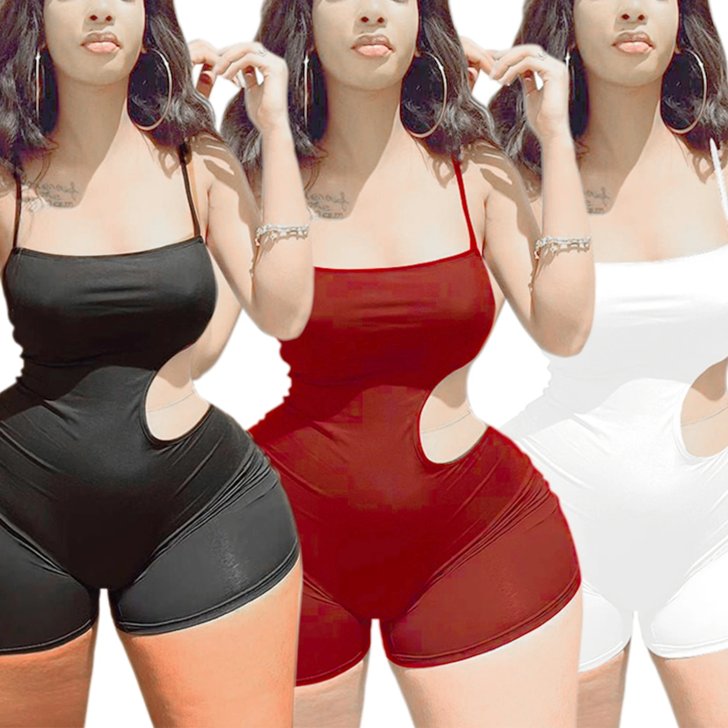 Women Summer Bodysuit, Solid Color Hollow-Waist Strappy Jumpsuit