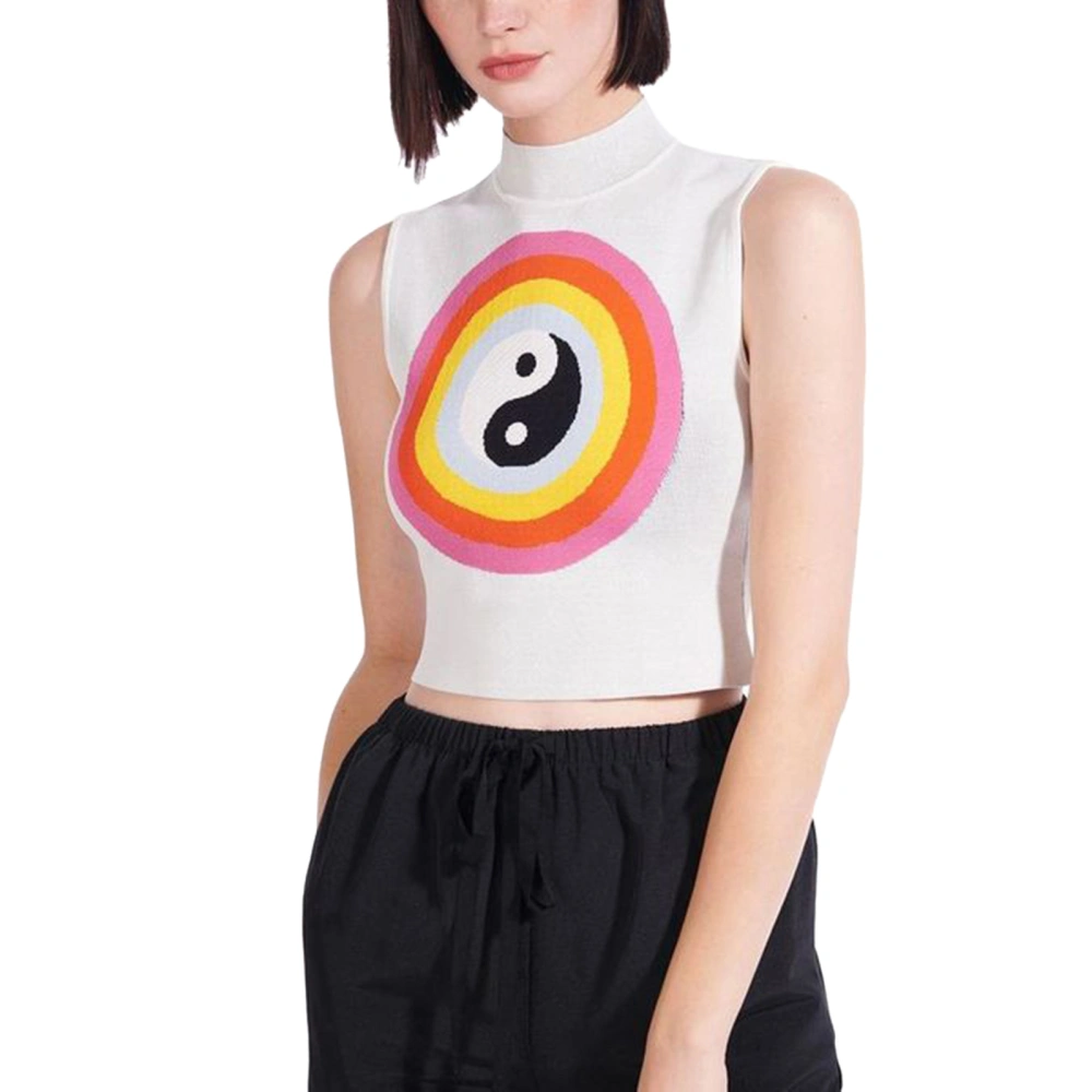 Women's Mock Neck Tank Tops, Sleeveless Yin Yang Knitted Crop Tops