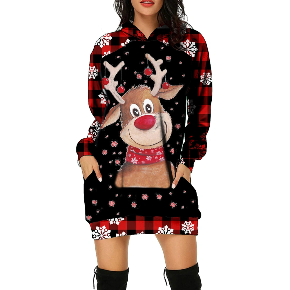 Women Long Sleeve Christmas Hoodies Deer Print Plaid Sweatshirt 