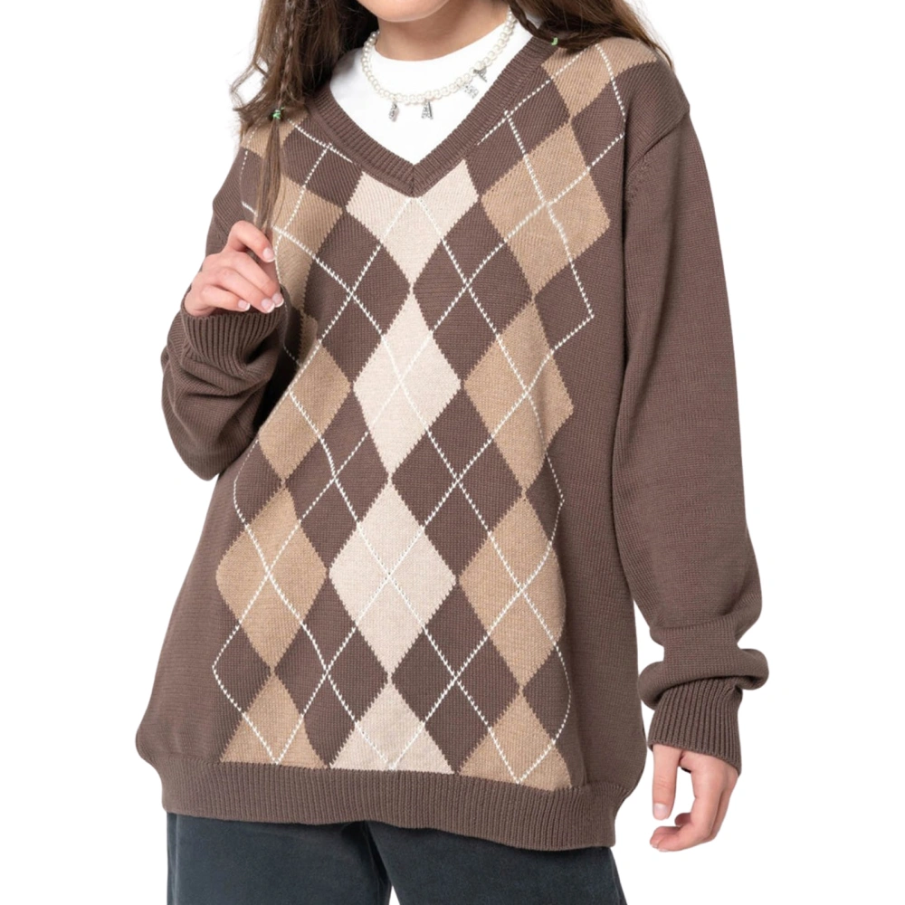 Women Color Block Sweater, Argyle Print Long Sleeve V-neck Knitwear