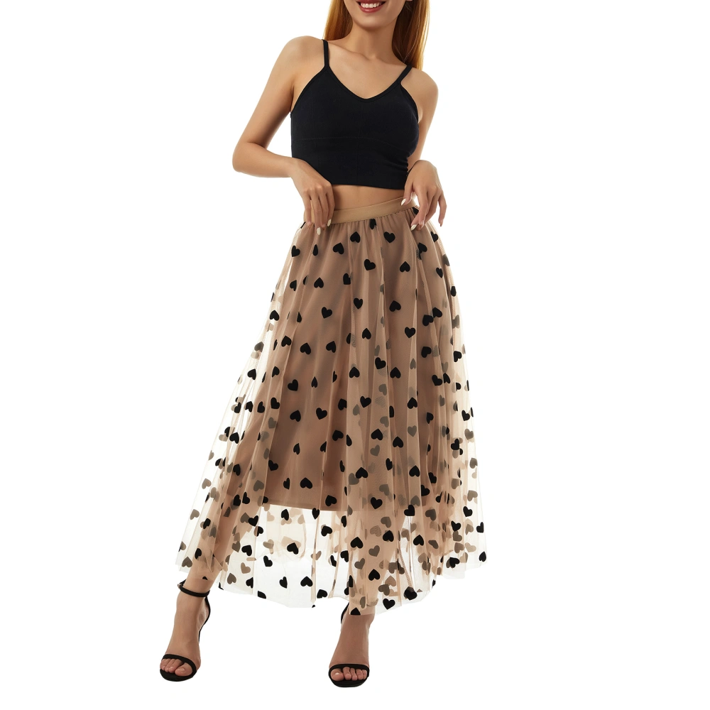 Women's Mid-Length Skirts, Heart Print High Waist Mesh Retro Skirts