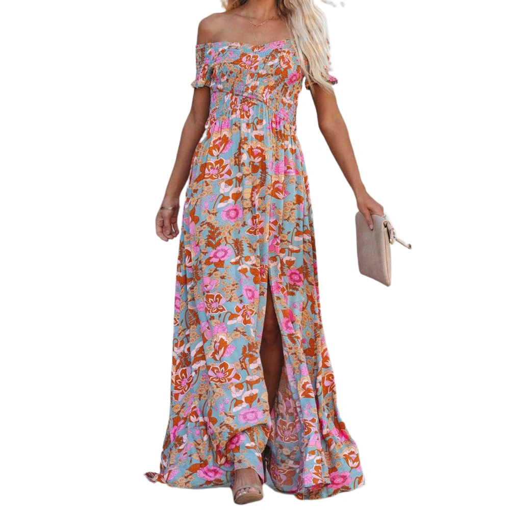 Women Off Shoulder Wrap Dress, Bohemian Short Sleeve Floral Long Dress