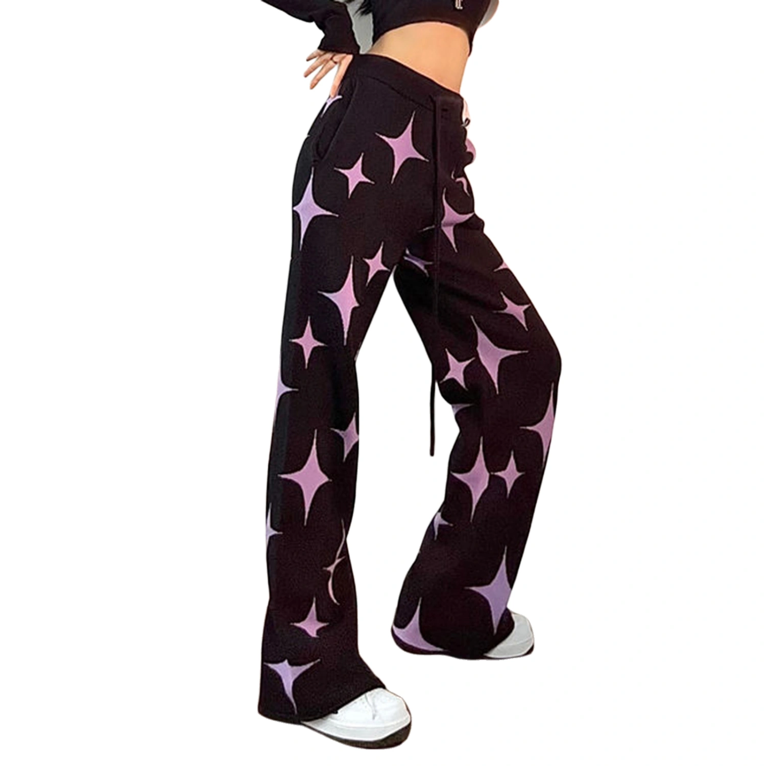 Women Wide Leg Pants, Vintage High Waist Stars Trousers with Pockets
