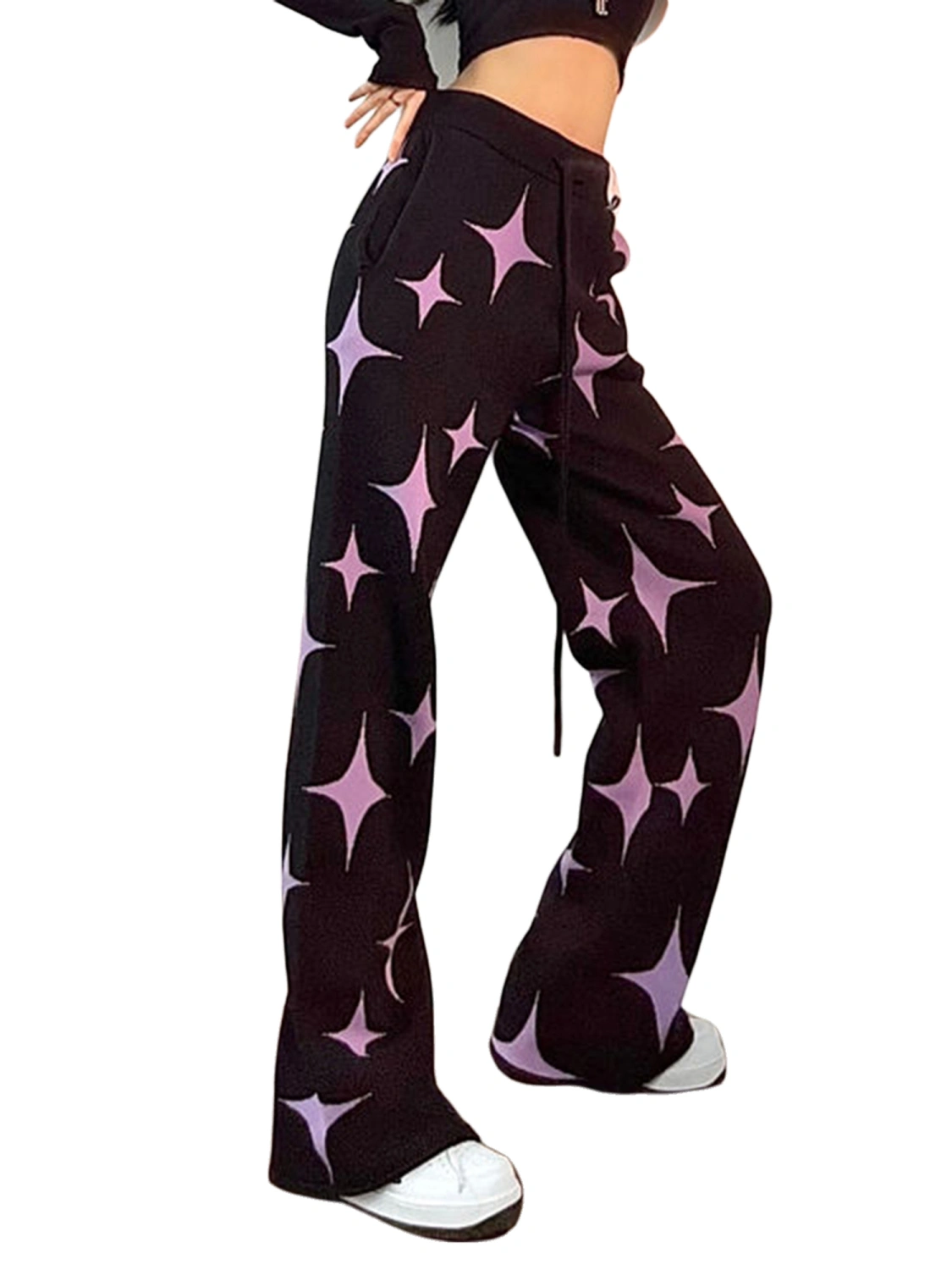 Women Wide Leg Pants, Vintage High Waist Stars Trousers with Pockets