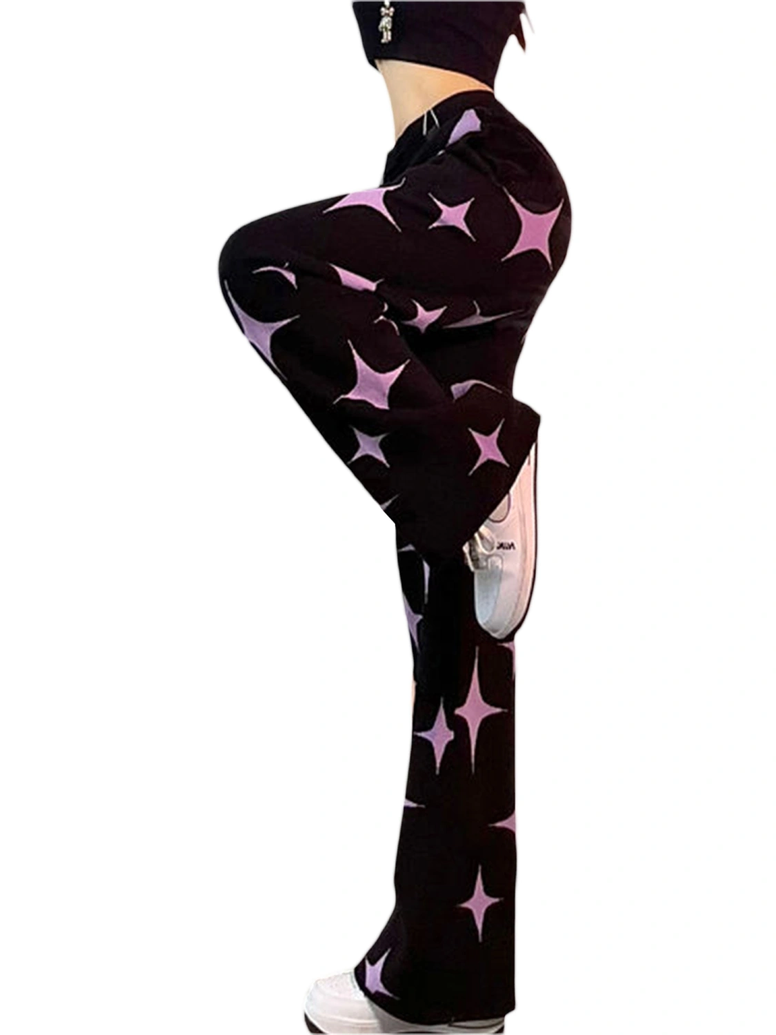 Women Wide Leg Pants, Vintage High Waist Stars Trousers with Pockets
