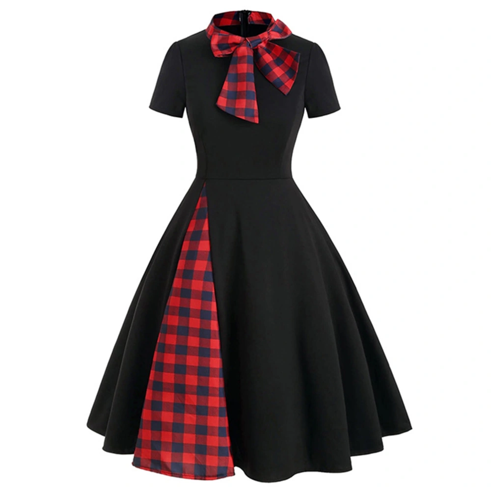 Ladies' Plaid Stitching Dress Short-sleeved Bow-knot Neckline Dress 