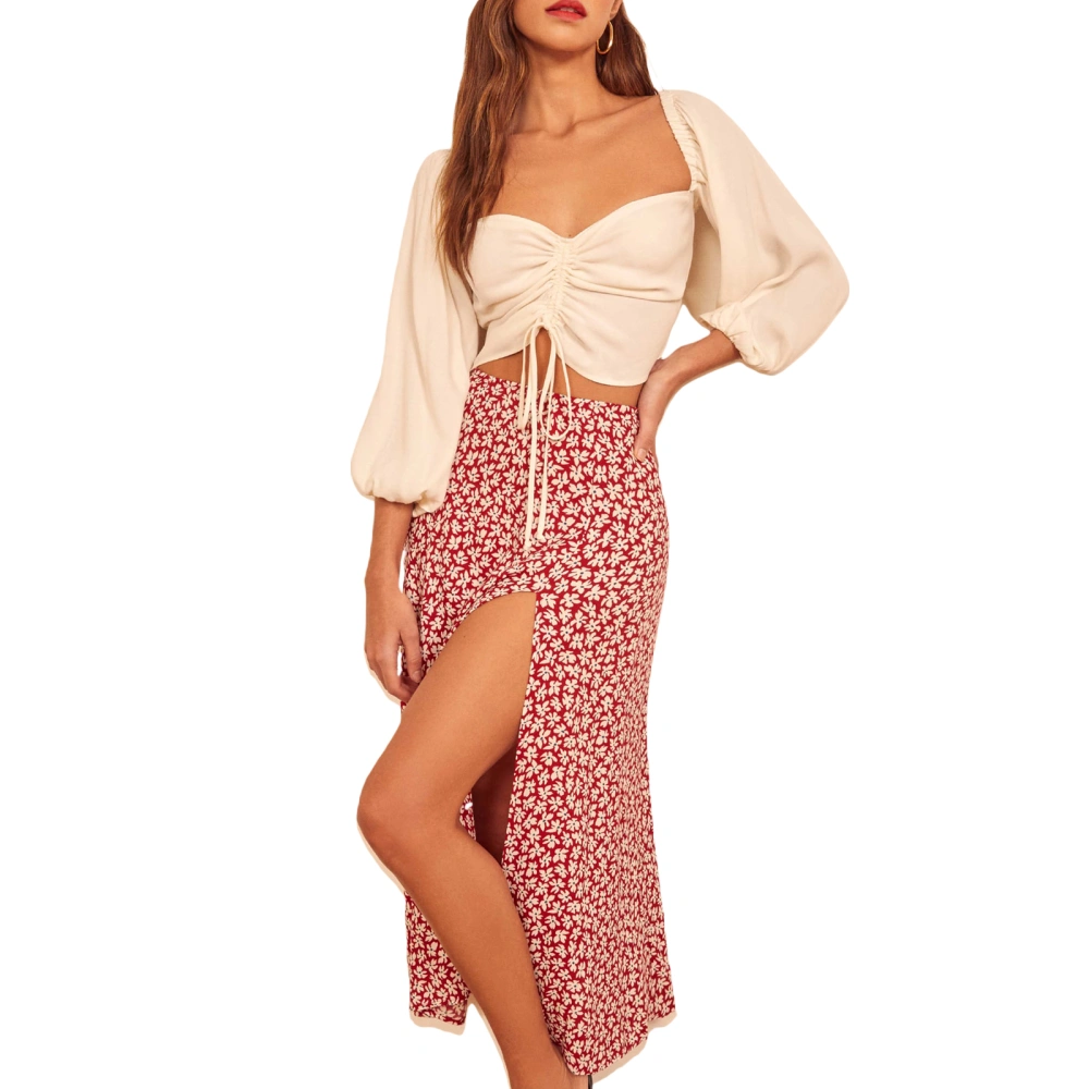 Women Summer Skirt, Flower/Dot Print Elastic Waist Slit Semi-Dress