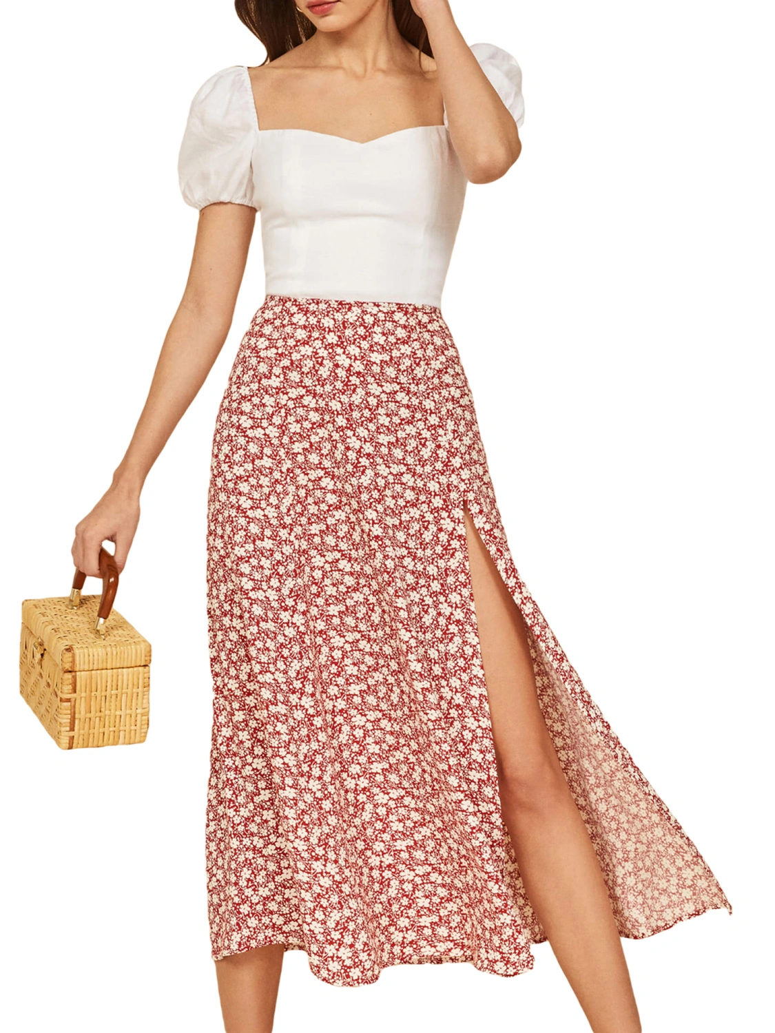 Women Summer Skirt, Flower/Dot Print Elastic Waist Slit Semi-Dress