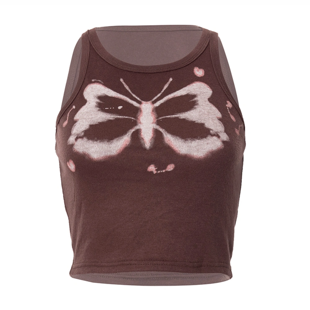 Women Sleeveless Round Neck Butterfly Graphic Slim Fit Crop Tank Tops