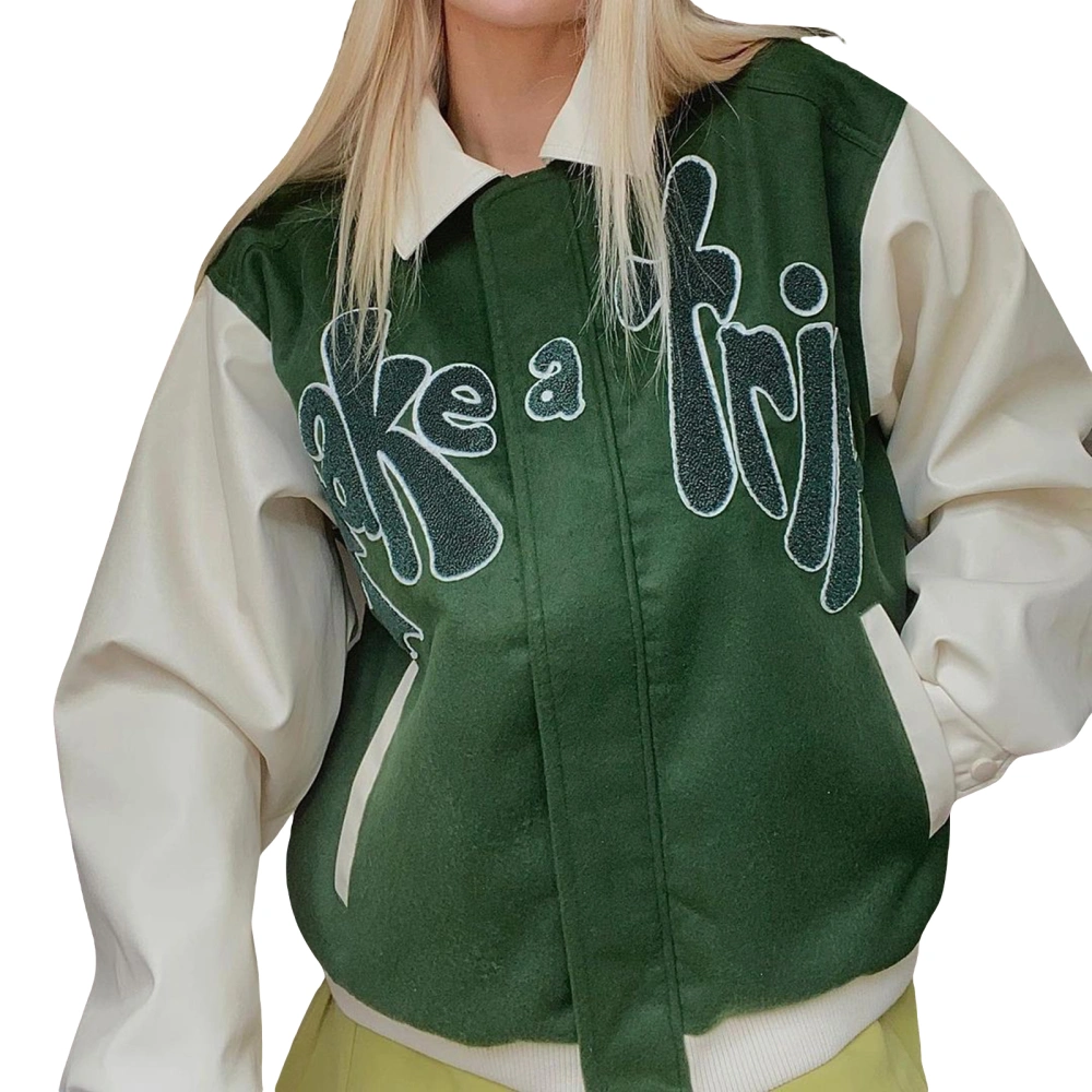 Women Loose Zip Up Jackets, Long Sleeve Letter Embroidery Coat