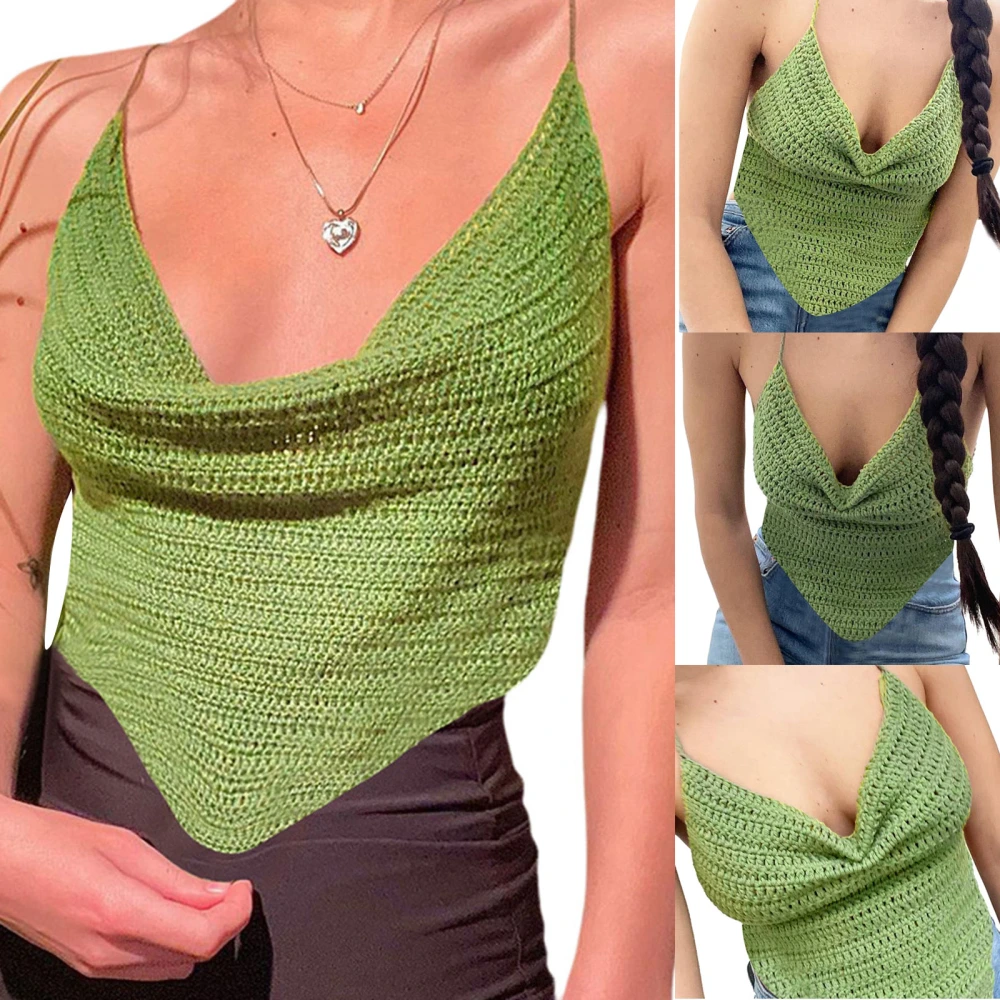 Women's Sleeveless Halter Cowl Neck Backless Crochet Crop Cami Tops