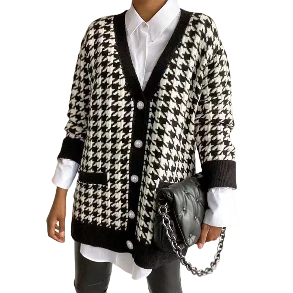 Women Cardigan, Houndstooth Long Sleeves Button-Open Knit Coat