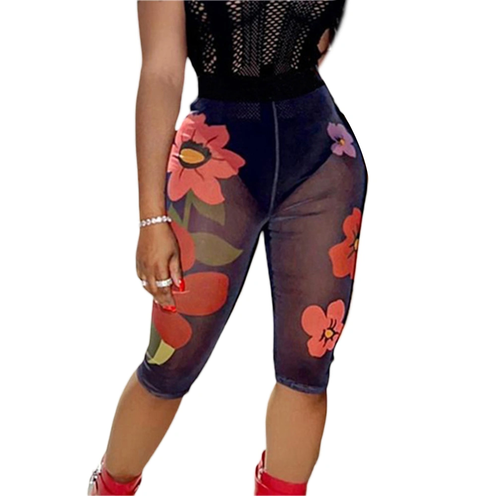 Women Summer Leggings, Black Flower Print High Waist Sheer Pants