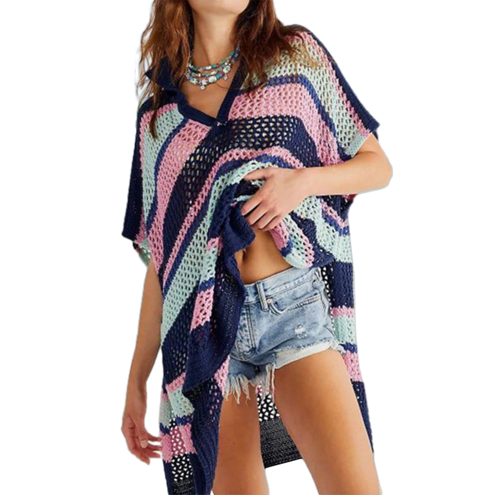 Irregular Hollow Contrast Color Half Sleeve V-Neck Slit Swim Cover-Up