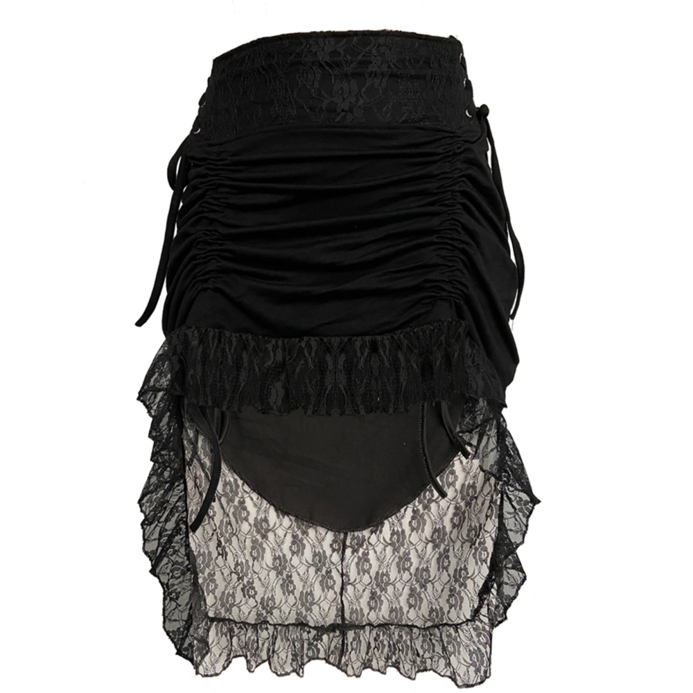 Women's Skirt, Irregular Lace Hem Drawstring Pleated Bandage Skirt