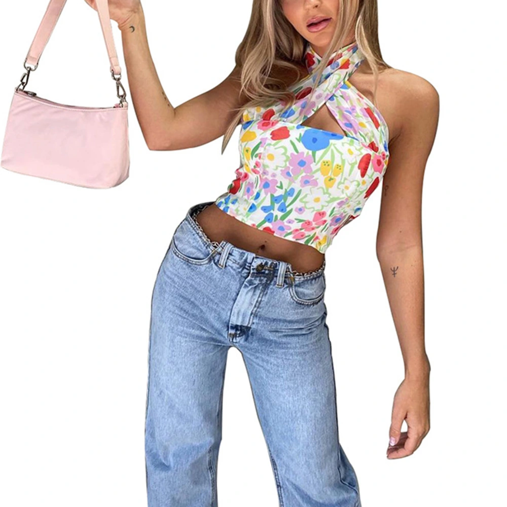 Women's Tank Tops, Floral Print Cut Out Halter Crisscross Camisole