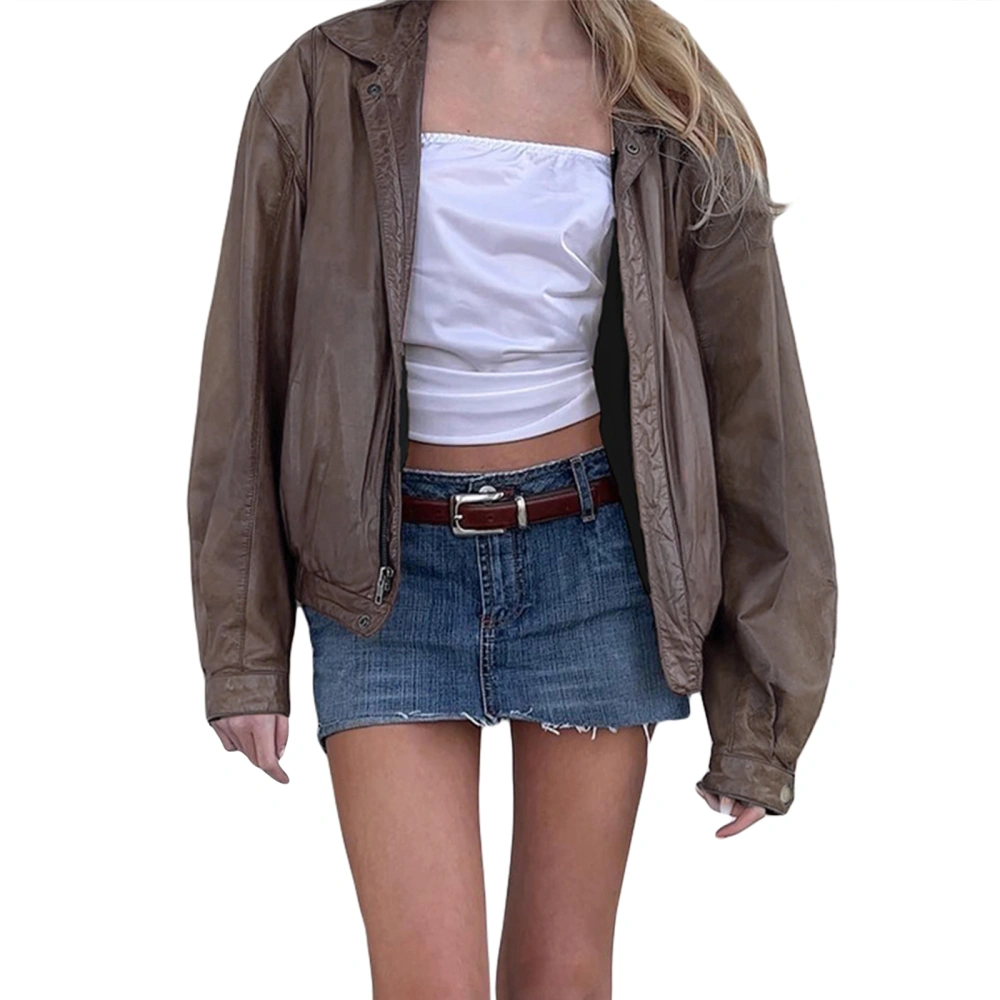 Women's Faux Leather Jacket, Classic Long Sleeve Zip Up Shirt Coat