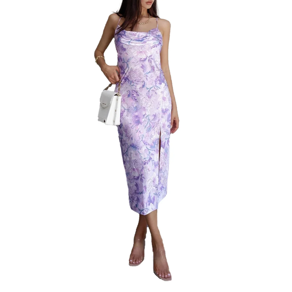 Women Sexy Backless Floral Print Dress Fashion Sleeveless Split Dress