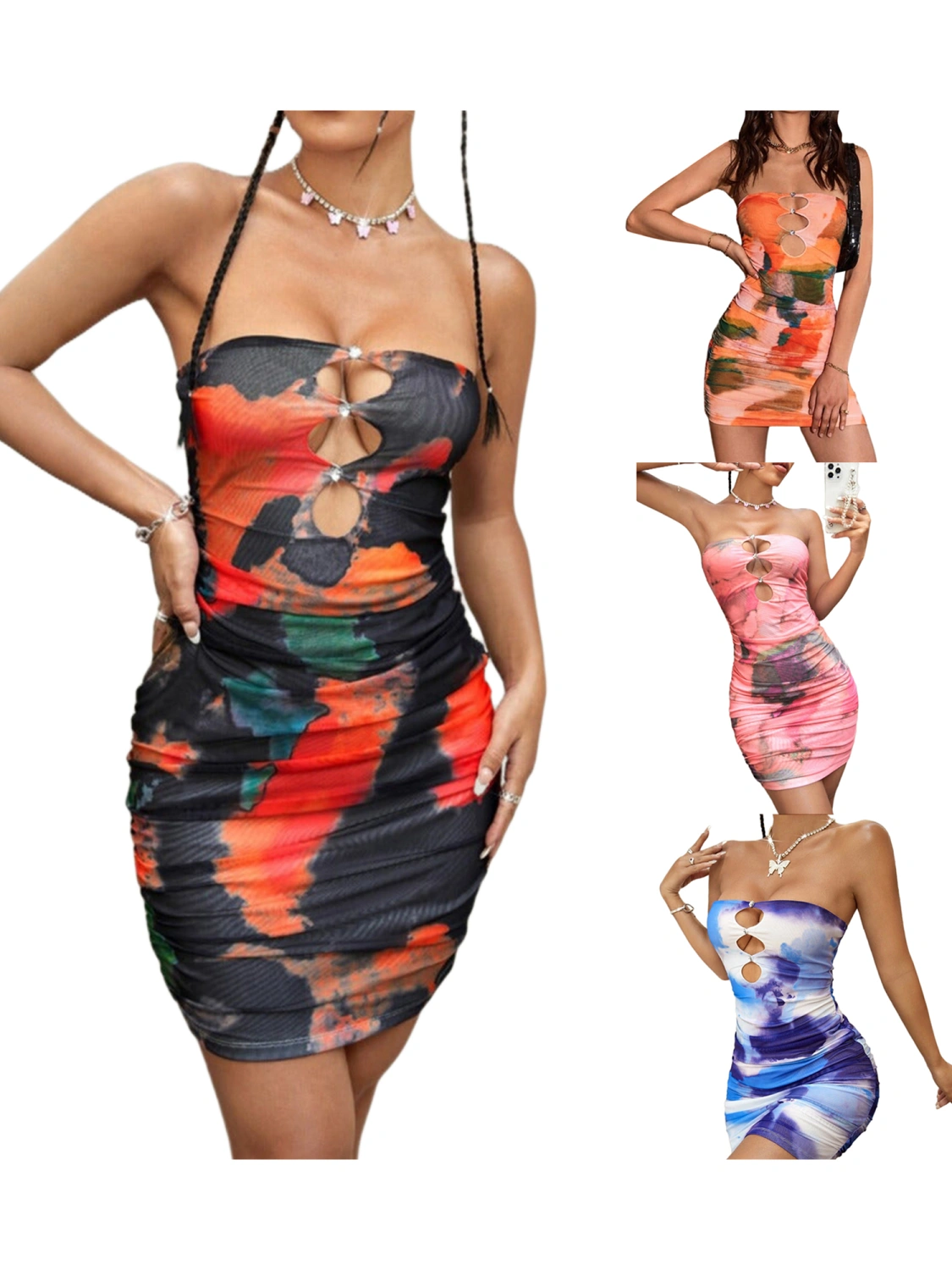 Women Bodycon Dress, Tie-dye Print Hollowed Summer Mini Tube Dress
