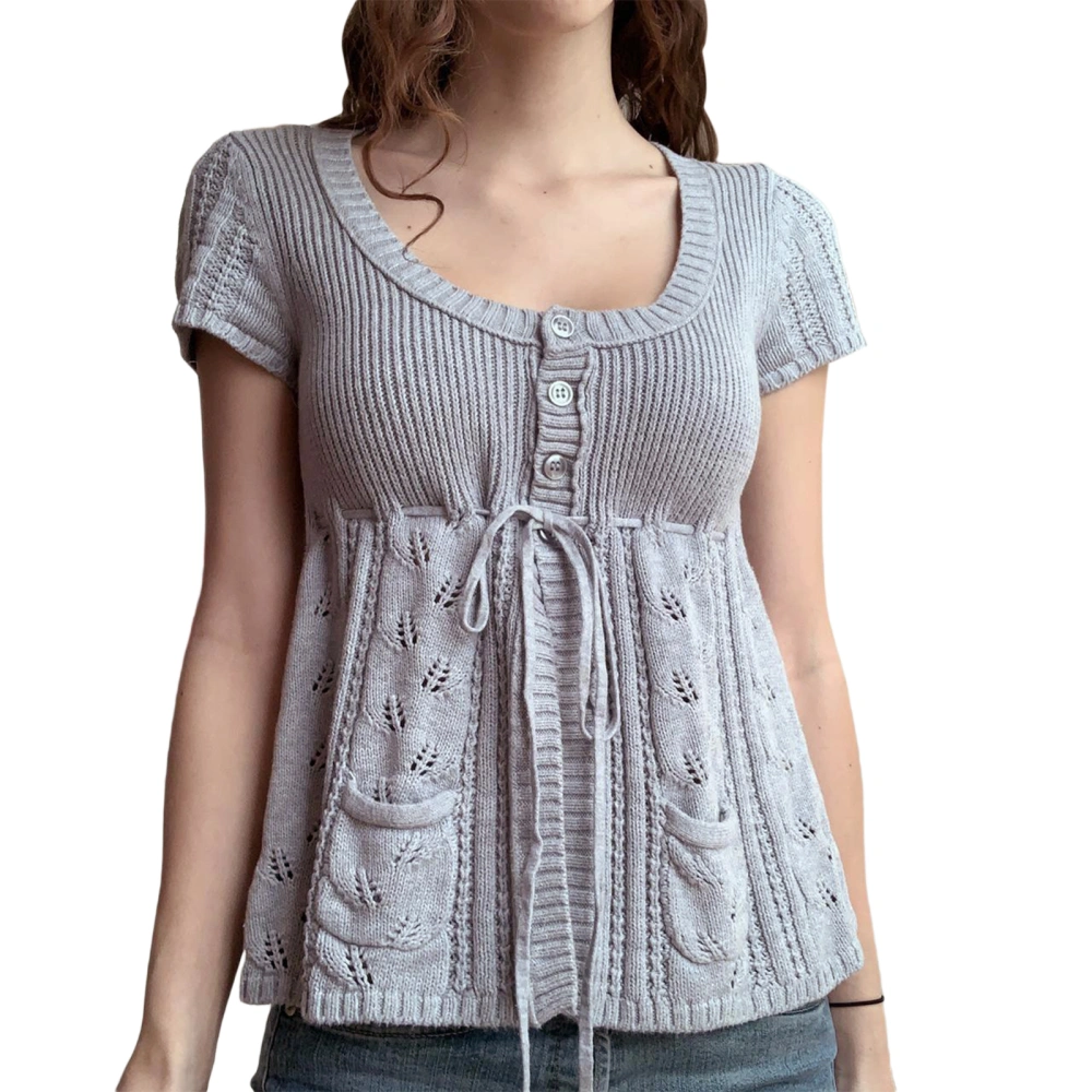 Women Fashion Wild Knitted Tops Solid Color Round Neck Shirts