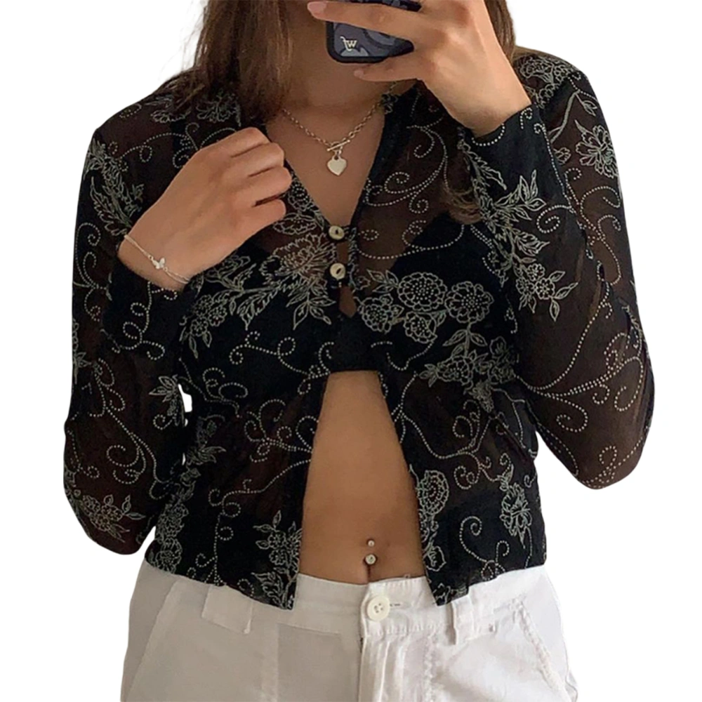 Women V Neck Open Front Tops, Long Sleeve Floral Sheer Mesh T-Shirts