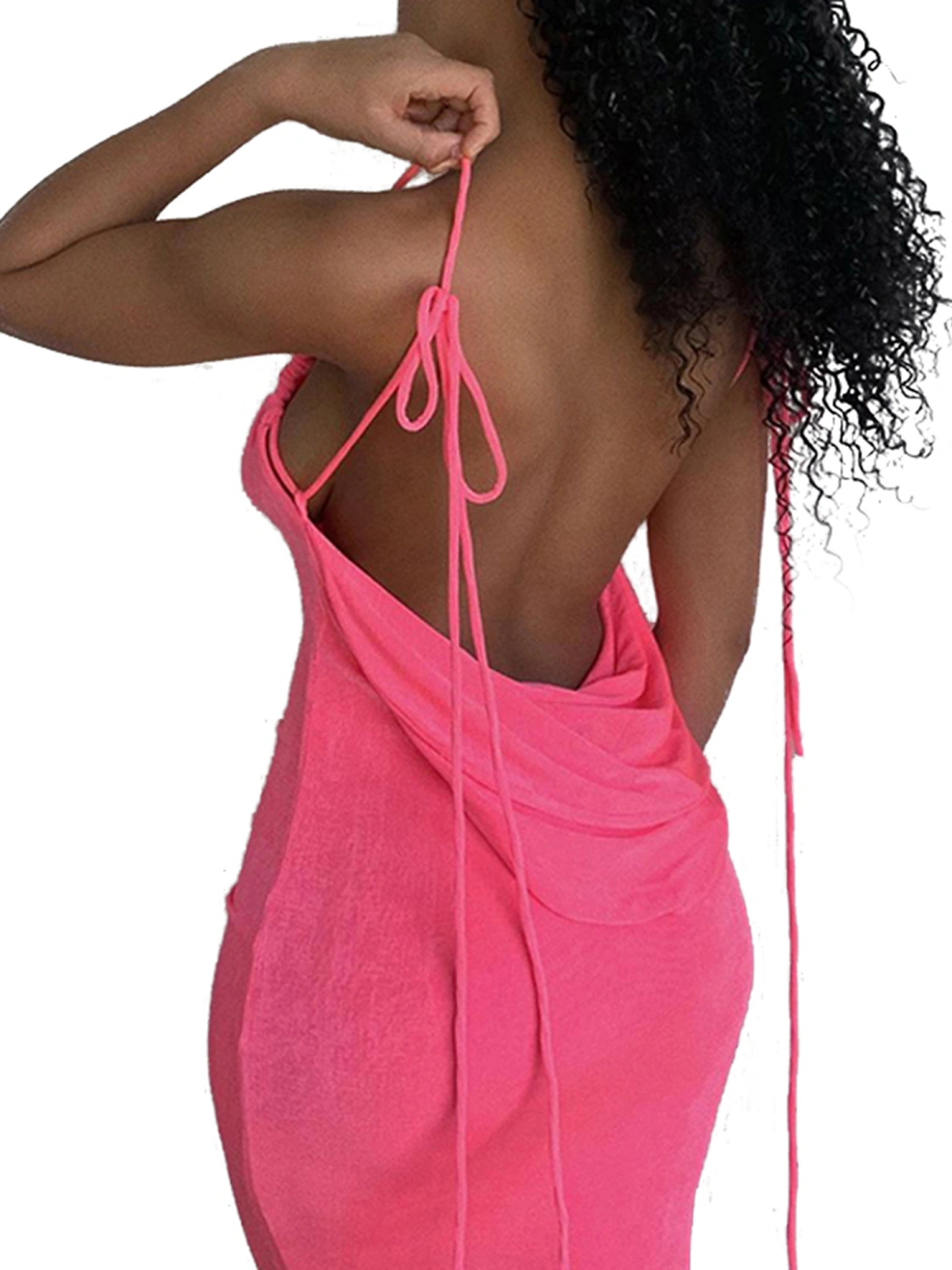 Women Bodycon Open Back Dress, Solid Color Halter Neck Wrap Skirt
