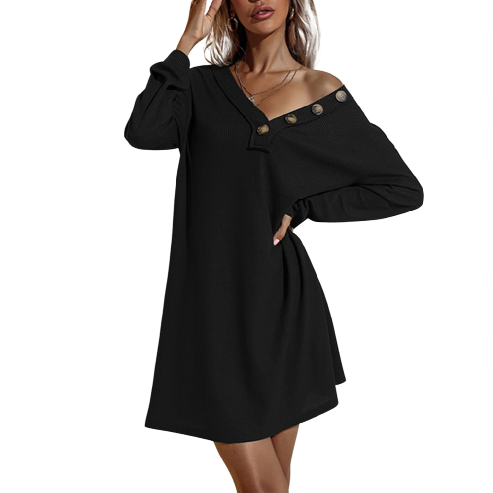 Women Solid Color Mini Dress, Long Sleeve V-neck Leisure Dress