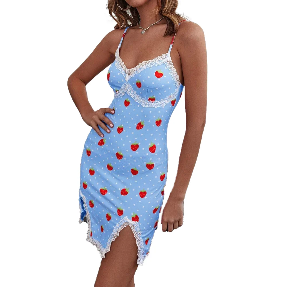 Women’s Strawberry Print Flounce Split Tight Suspender Short Dress