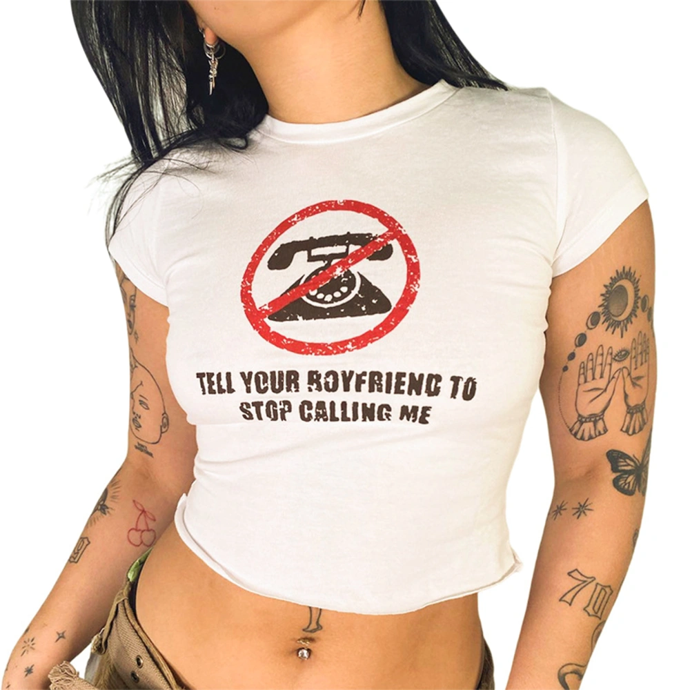 Women Summer Short Shirt, Short Sleeve Letter & Phone O-Neck Crop Top