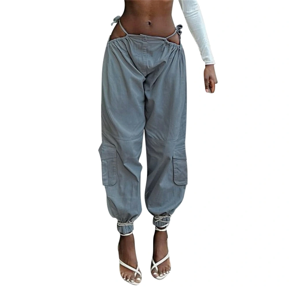 Women Cargo Pants Solid Color Bandage Cutout Sweatpants with Pocket