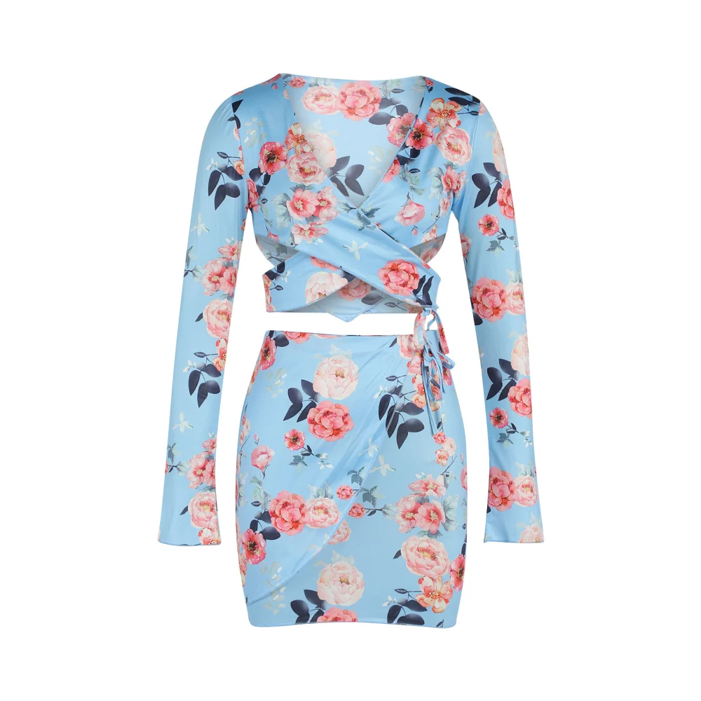 Women Two Piece Outfits, Floral Print Cross Crop Tops + Tie Up Skirt