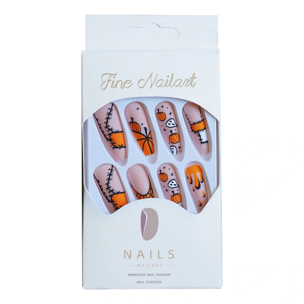 Halloween Press on Nails Long 24Pcs Nude Fake Nails False Nails with Ghost Pumpkin Patch Designs