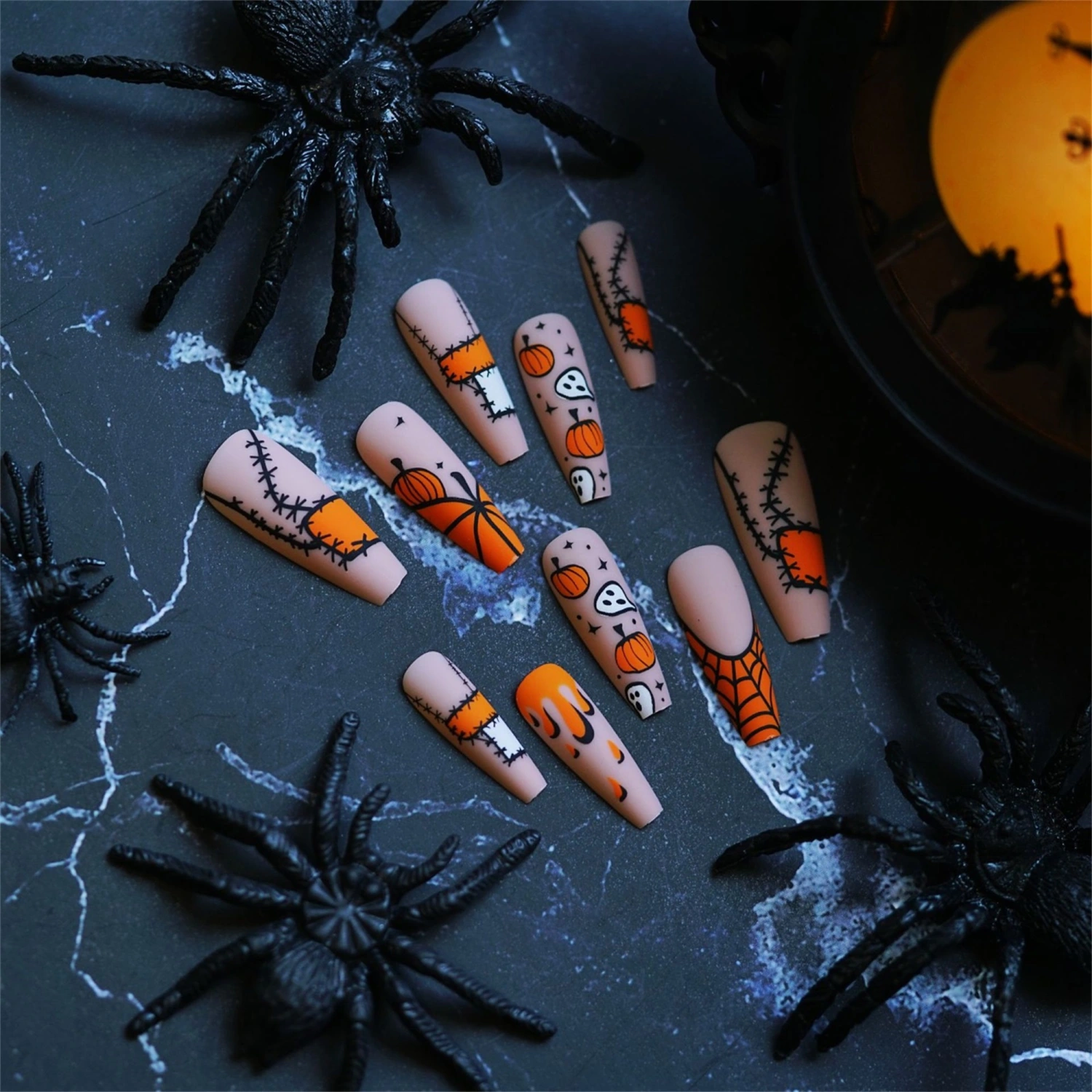 Halloween Press on Nails Long 24Pcs Nude Fake Nails False Nails with Ghost Pumpkin Patch Designs