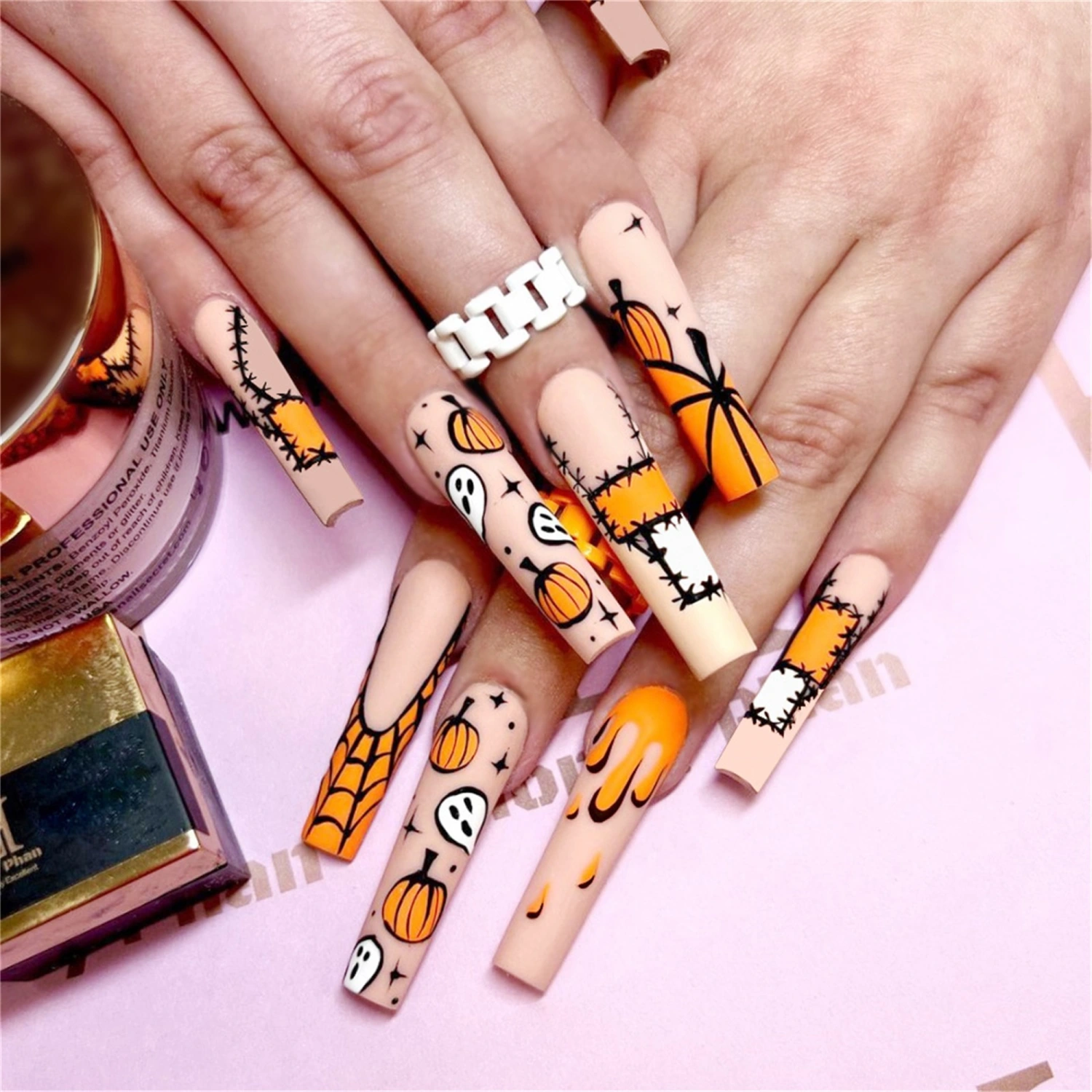Halloween Press on Nails Long 24Pcs Nude Fake Nails False Nails with Ghost Pumpkin Patch Designs