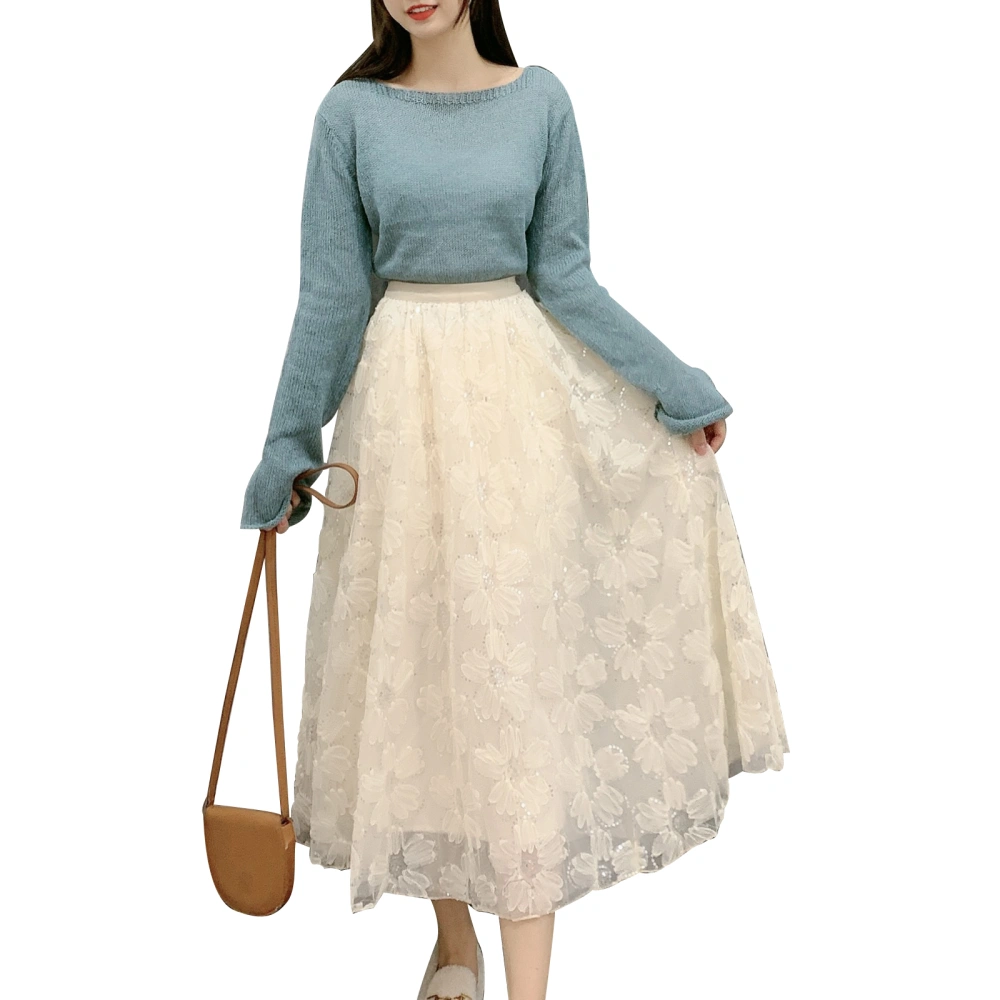 Women Sequined Lace A-line Skirt, Casual Style Flower Pattern Skirt