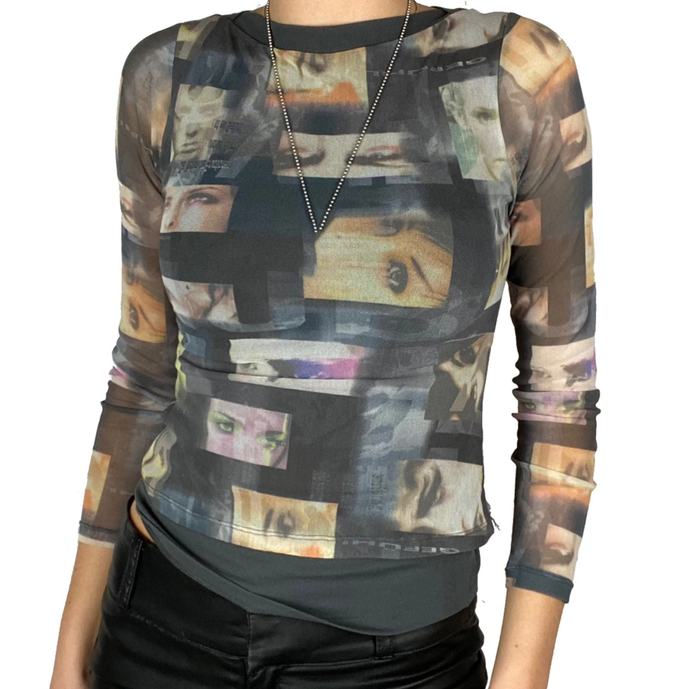 Women Sheer Mesh Tops, Long Sleeve Portrait Print Slim Fit T-Shirts