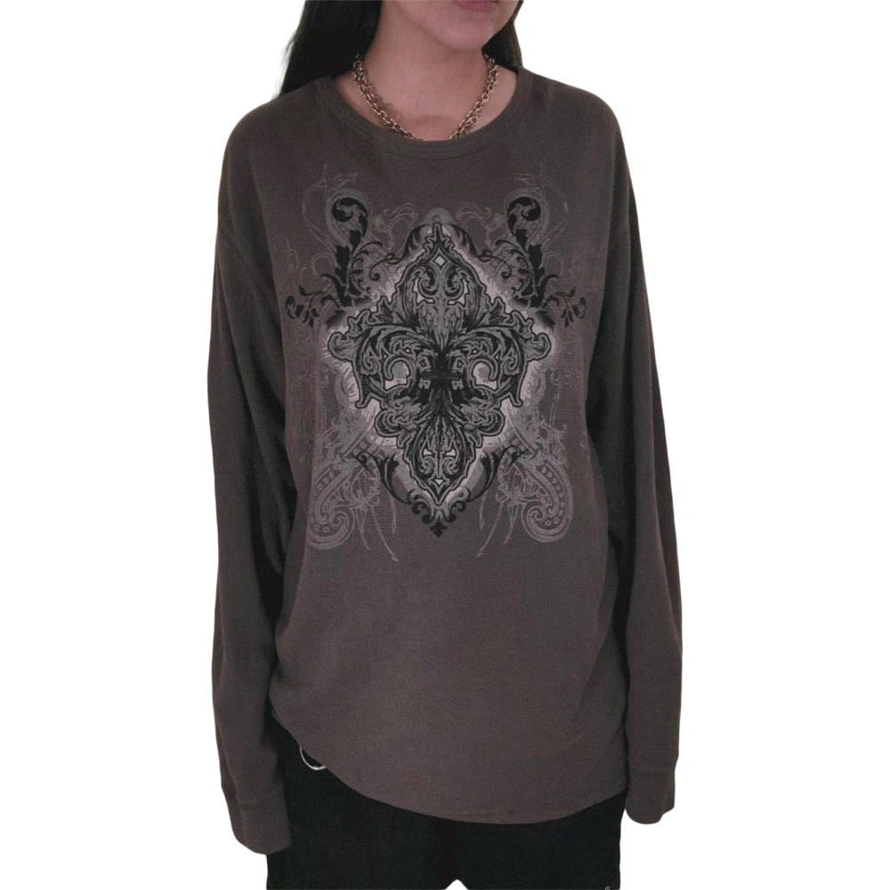 Women's Autumn Loose Tops, Retro Print Pattern Long Sleeve T-Shirt