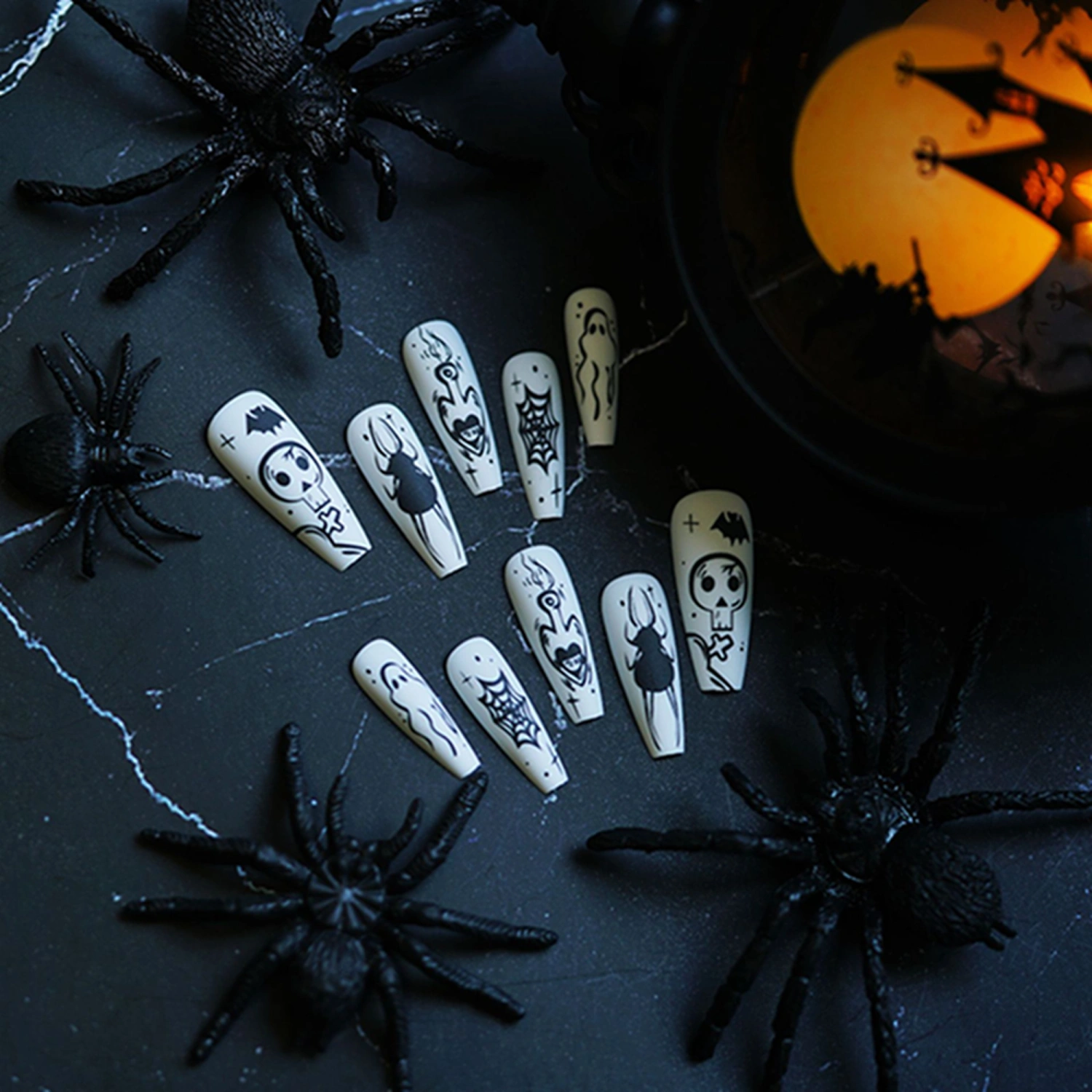 Gothic Artificial Nails Set Natural False Nail Full Cover Skull Nail Tips for Women Manicure Kit