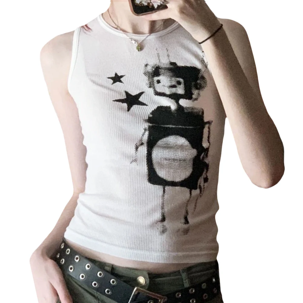 Women's Summer Vest, Sleeveless Round Neck Robot Star Slim Tank Tops