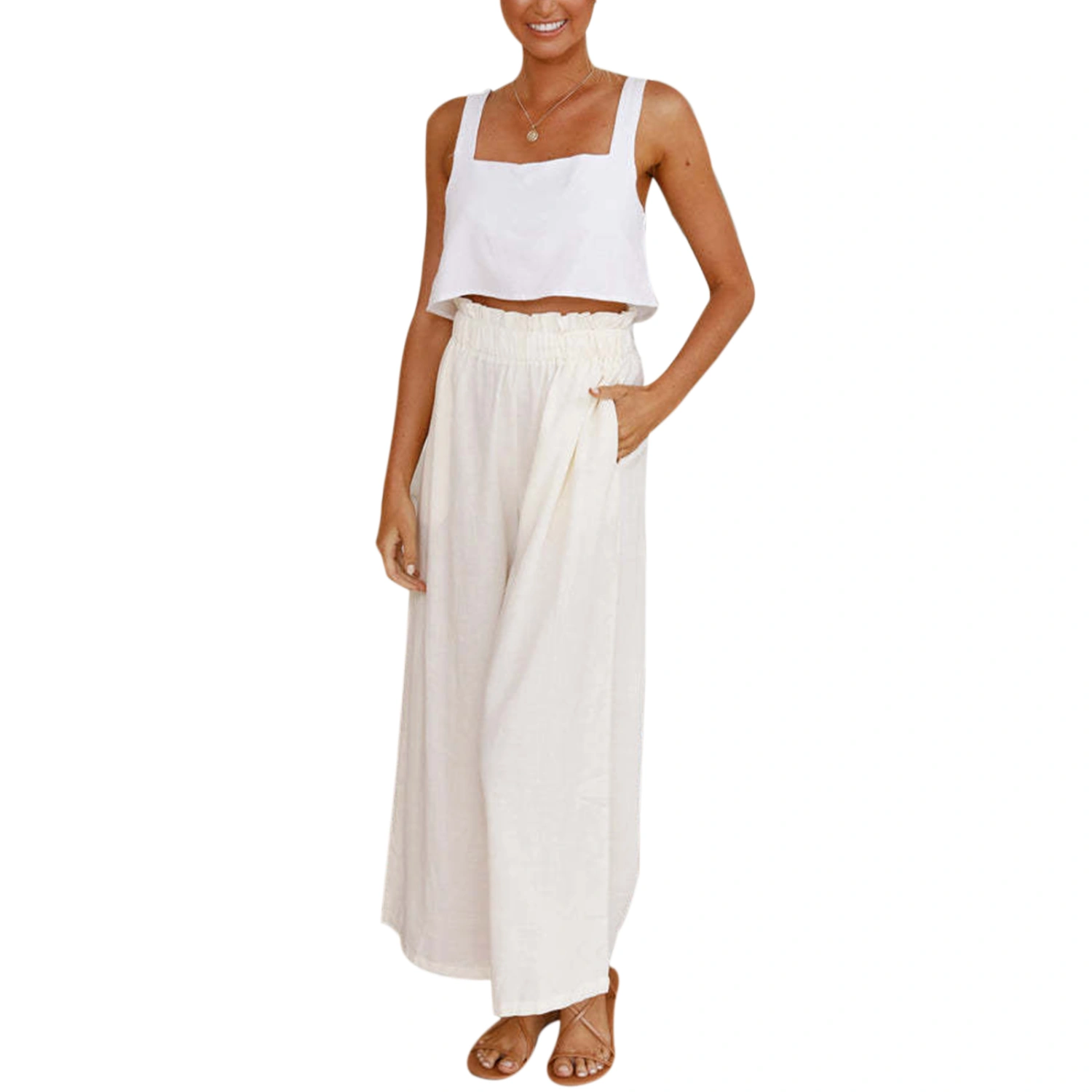 Women Ruffled Wide-leg Pants, High Waist Solid Color Trousers